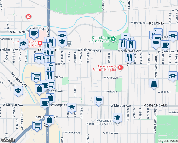 map of restaurants, bars, coffee shops, grocery stores, and more near 3244 South 21st Street in Milwaukee