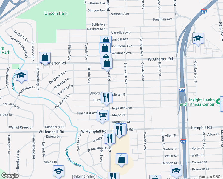 map of restaurants, bars, coffee shops, grocery stores, and more near 4201 Fenton Road in Flint