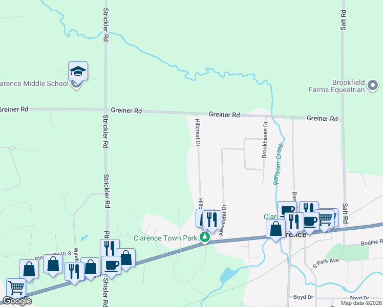 map of restaurants, bars, coffee shops, grocery stores, and more near 5150 Hillcrest Dr in Clarence