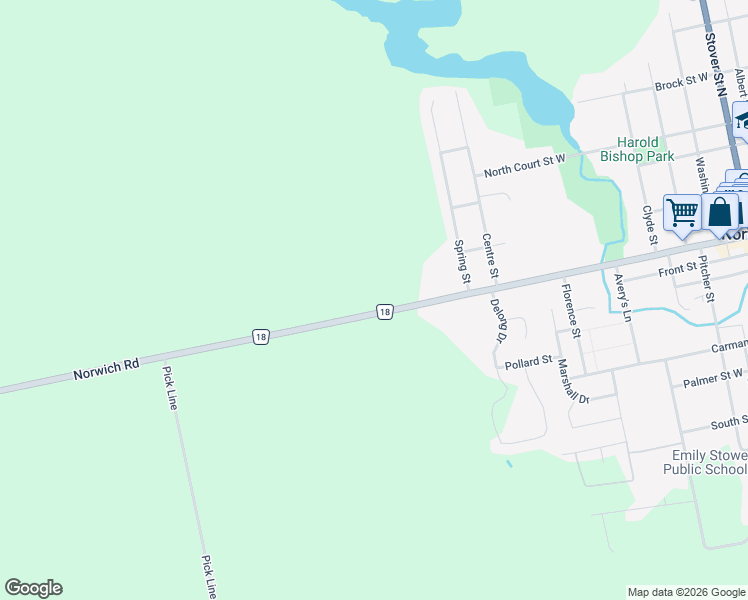 map of restaurants, bars, coffee shops, grocery stores, and more near 325605 Norwich Road in Norwich