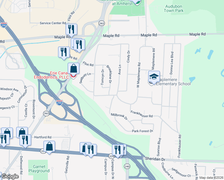 map of restaurants, bars, coffee shops, grocery stores, and more near 29 Brooklane Drive in Buffalo