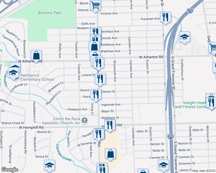 map of restaurants, bars, coffee shops, grocery stores, and more near 927 Alvord Avenue in Flint