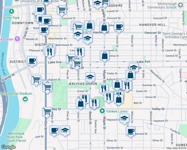 map of restaurants, bars, coffee shops, grocery stores, and more near 309 Cedar Street in Manchester