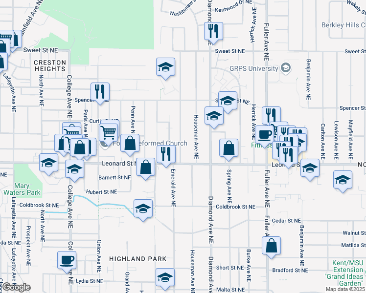 map of restaurants, bars, coffee shops, grocery stores, and more near 1236 Emerald Avenue Northeast in Grand Rapids