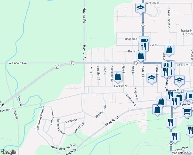 map of restaurants, bars, coffee shops, grocery stores, and more near 437 Beresford Street in Ionia