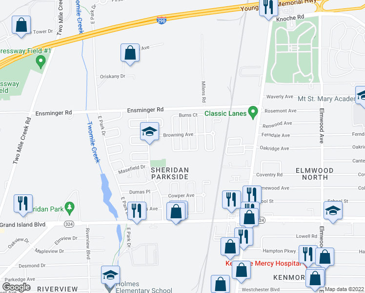 map of restaurants, bars, coffee shops, grocery stores, and more near 7 Benefield Place in Tonawanda