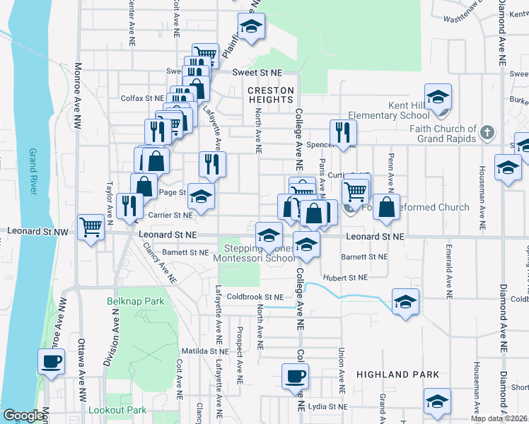map of restaurants, bars, coffee shops, grocery stores, and more near 405 Carrier Street Northeast in Grand Rapids