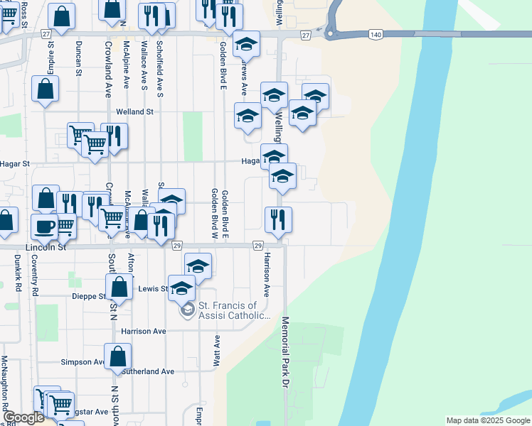 map of restaurants, bars, coffee shops, grocery stores, and more near 38 Strathmore Crescent in Welland