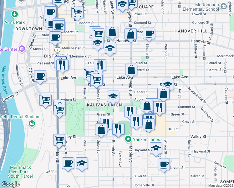 map of restaurants, bars, coffee shops, grocery stores, and more near 307 Cedar Street in Manchester