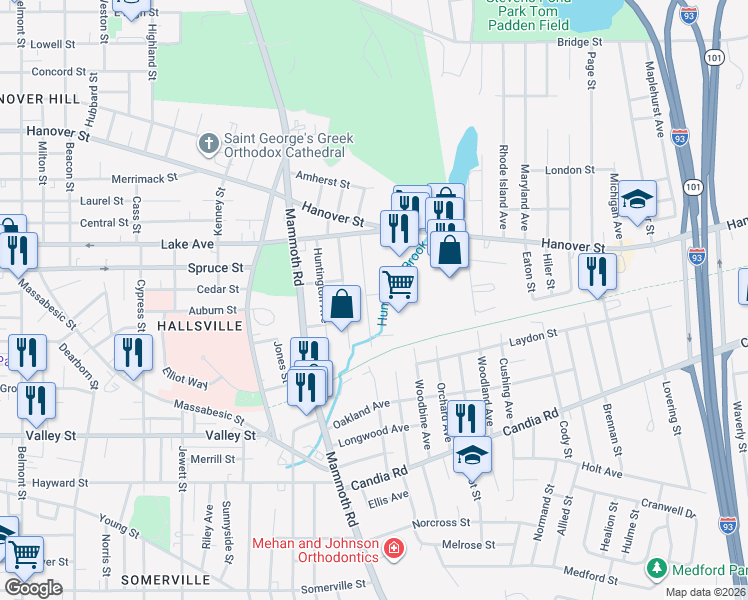 map of restaurants, bars, coffee shops, grocery stores, and more near 103 Portsmouth Avenue in Manchester