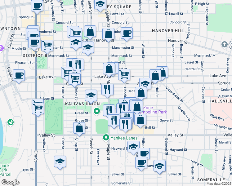 map of restaurants, bars, coffee shops, grocery stores, and more near 393 Cedar Street in Manchester