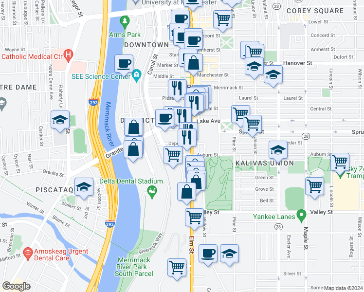 map of restaurants, bars, coffee shops, grocery stores, and more near 24 West Auburn Street in Manchester