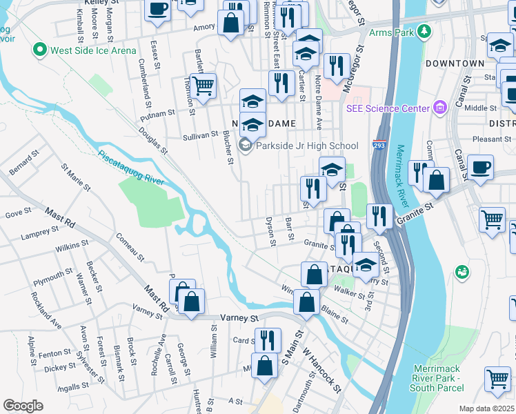 map of restaurants, bars, coffee shops, grocery stores, and more near 24 Hevey Street in Manchester