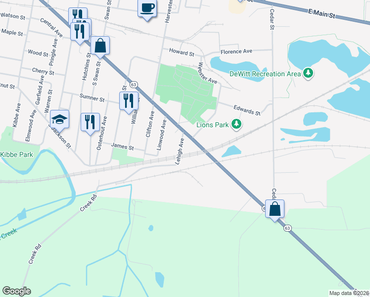 map of restaurants, bars, coffee shops, grocery stores, and more near 11 Lehigh Ave in Batavia