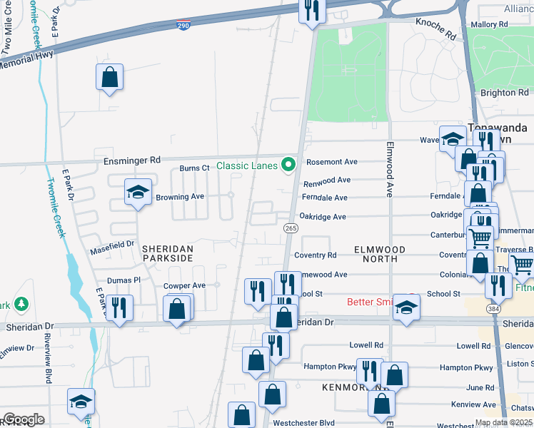 map of restaurants, bars, coffee shops, grocery stores, and more near 1774 Military Road in Buffalo