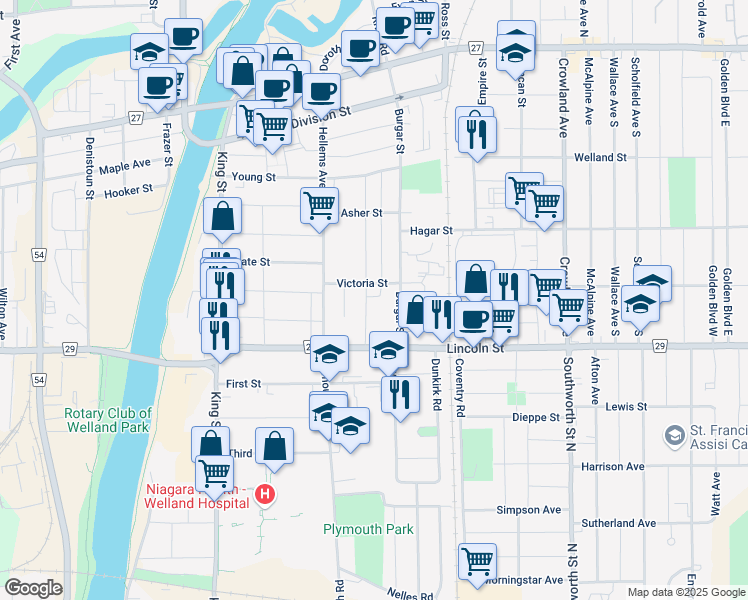 map of restaurants, bars, coffee shops, grocery stores, and more near in Welland