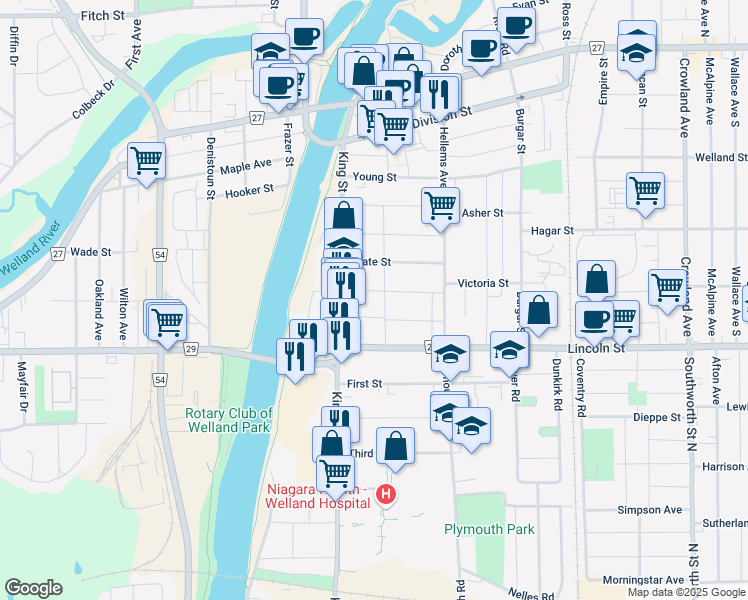map of restaurants, bars, coffee shops, grocery stores, and more near in Welland