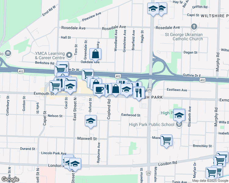 map of restaurants, bars, coffee shops, grocery stores, and more near 810 Trillium Park in Sarnia