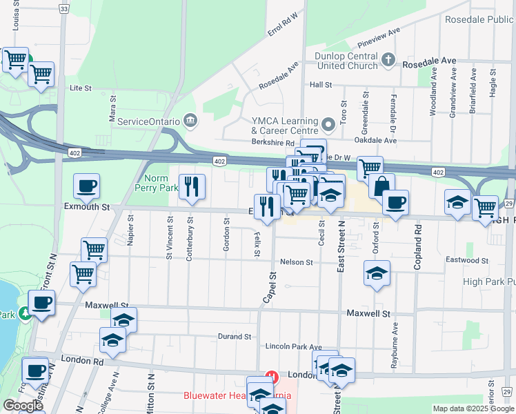 map of restaurants, bars, coffee shops, grocery stores, and more near 380 Exmouth Street in Sarnia
