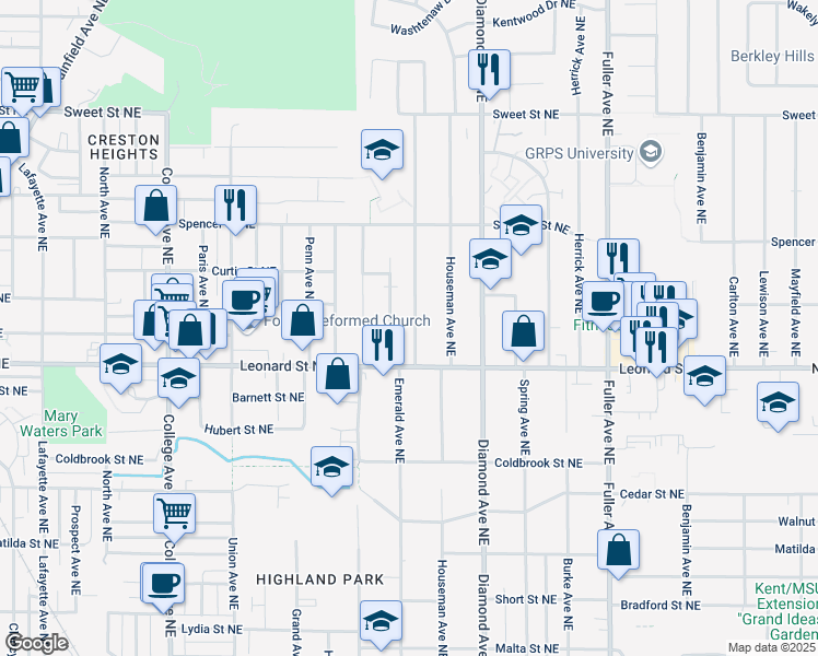 map of restaurants, bars, coffee shops, grocery stores, and more near 1236 Emerald Avenue Northeast in Grand Rapids