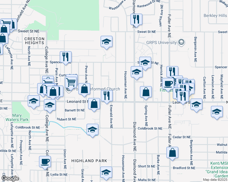 map of restaurants, bars, coffee shops, grocery stores, and more near 1236 Emerald Avenue Northeast in Grand Rapids