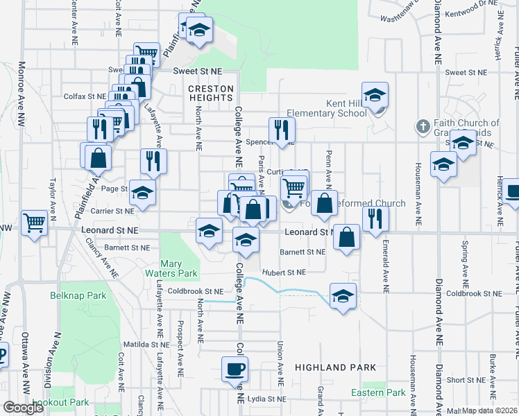 map of restaurants, bars, coffee shops, grocery stores, and more near 529 Carrier Street Northeast in Grand Rapids