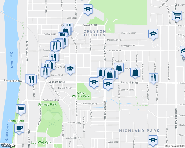 map of restaurants, bars, coffee shops, grocery stores, and more near 409 Carrier Street Northeast in Grand Rapids