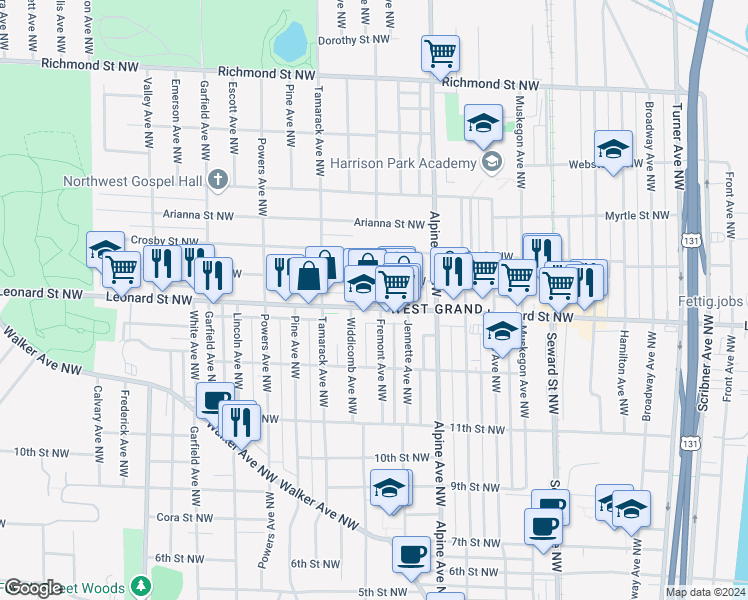 map of restaurants, bars, coffee shops, grocery stores, and more near 842 Leonard Street Northwest in Grand Rapids