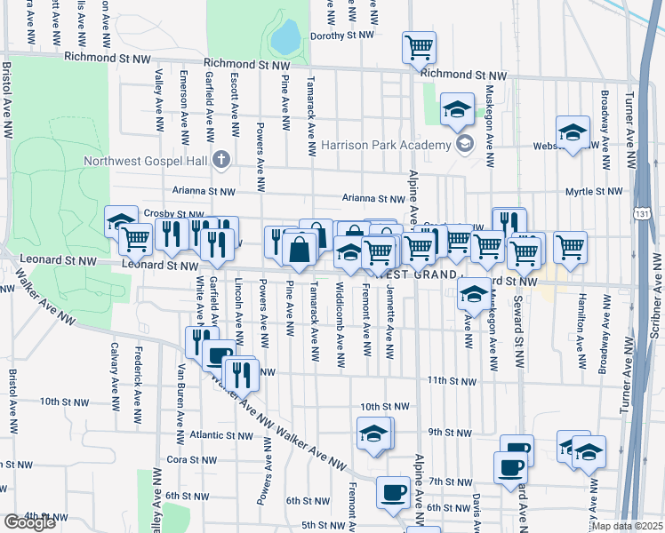 map of restaurants, bars, coffee shops, grocery stores, and more near 933 Leonard Street Northwest in Grand Rapids