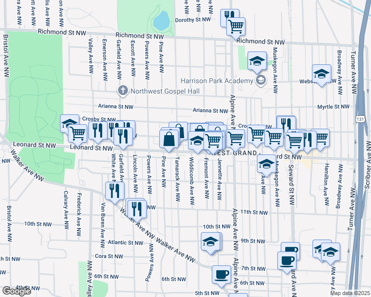 map of restaurants, bars, coffee shops, grocery stores, and more near 933 Leonard Street Northwest in Grand Rapids