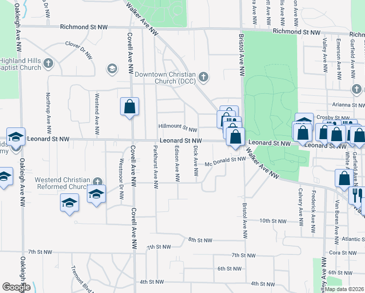 map of restaurants, bars, coffee shops, grocery stores, and more near 1810 Leonard Street Northwest in Grand Rapids