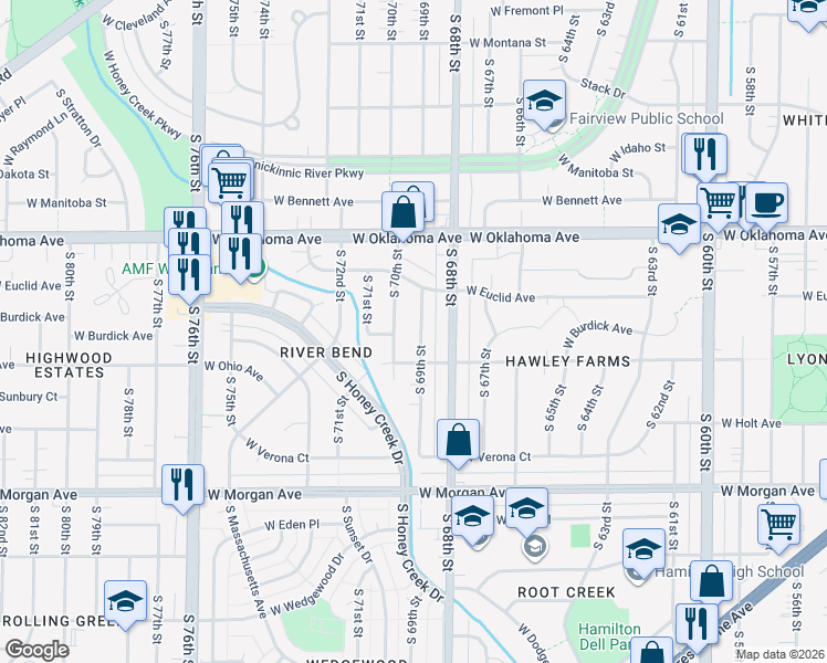 map of restaurants, bars, coffee shops, grocery stores, and more near 3261 South 69th Street in Milwaukee
