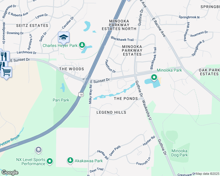 map of restaurants, bars, coffee shops, grocery stores, and more near 1625 East Sunset Drive in Waukesha