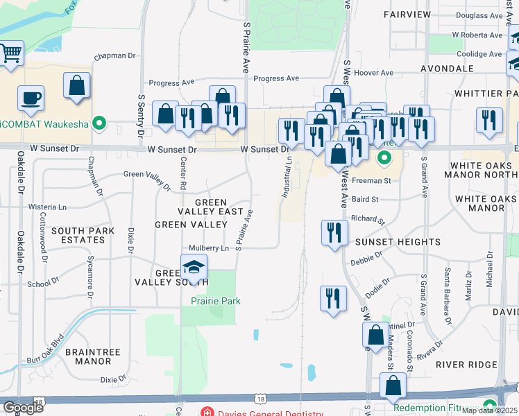 map of restaurants, bars, coffee shops, grocery stores, and more near W246S3255 Industrial Lane in Waukesha