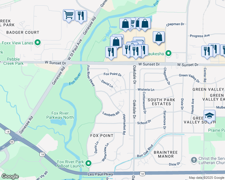 map of restaurants, bars, coffee shops, grocery stores, and more near 1230 Wisteria Lane in Waukesha