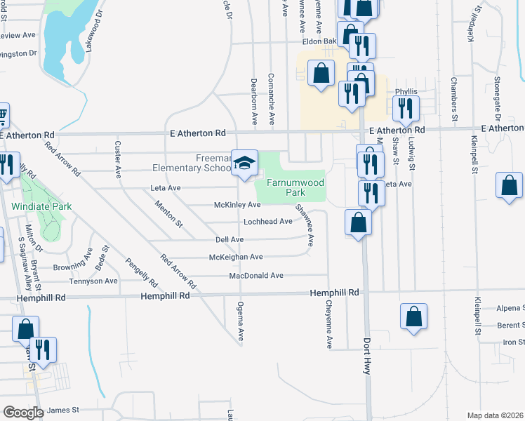 map of restaurants, bars, coffee shops, grocery stores, and more near 802 McKinley Avenue in Flint