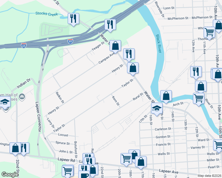 map of restaurants, bars, coffee shops, grocery stores, and more near 123 Taylor Street in Port Huron