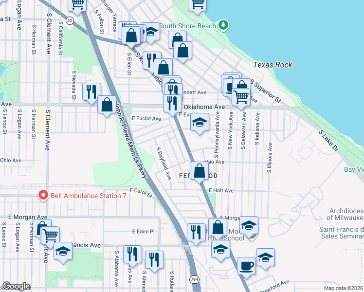 map of restaurants, bars, coffee shops, grocery stores, and more near 3261 South Kinnickinnic Avenue in Milwaukee