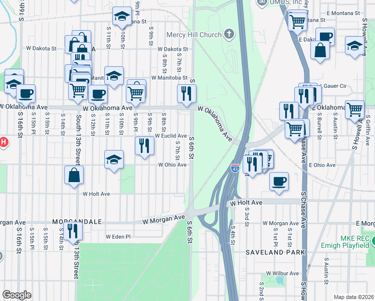 map of restaurants, bars, coffee shops, grocery stores, and more near 3245 South 6th Street in Milwaukee