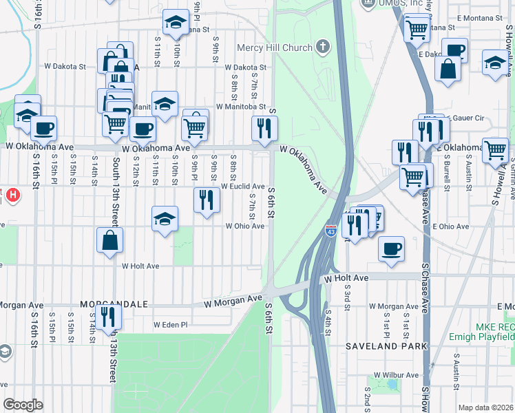 map of restaurants, bars, coffee shops, grocery stores, and more near 3245 South 6th Street in Milwaukee