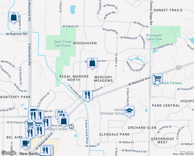 map of restaurants, bars, coffee shops, grocery stores, and more near 3257 South 146th Street in New Berlin