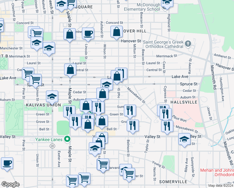 map of restaurants, bars, coffee shops, grocery stores, and more near 599 Cedar Street in Manchester