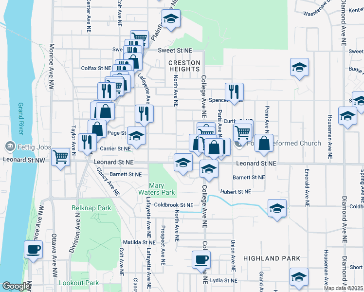 map of restaurants, bars, coffee shops, grocery stores, and more near 409 Carrier St NE in Grand Rapids