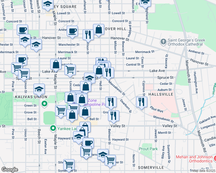 map of restaurants, bars, coffee shops, grocery stores, and more near 406 Belmont Street in Manchester