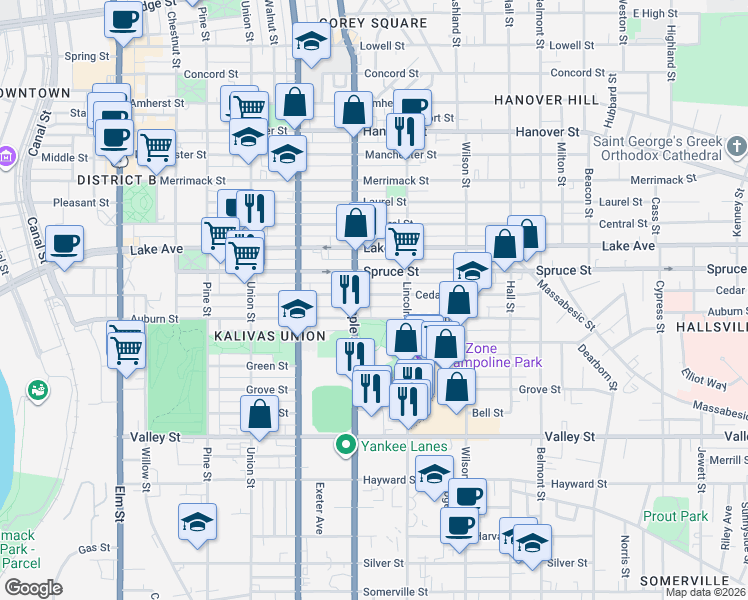 map of restaurants, bars, coffee shops, grocery stores, and more near 393 Cedar Street in Manchester