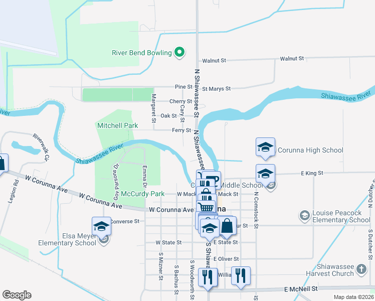 map of restaurants, bars, coffee shops, grocery stores, and more near 500 Cary Street in Corunna
