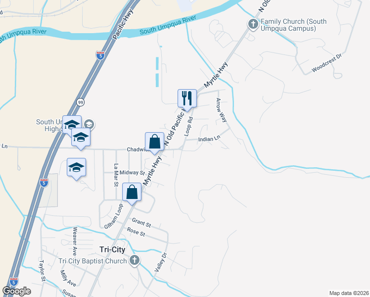 map of restaurants, bars, coffee shops, grocery stores, and more near 128 Loop Road in Myrtle Creek