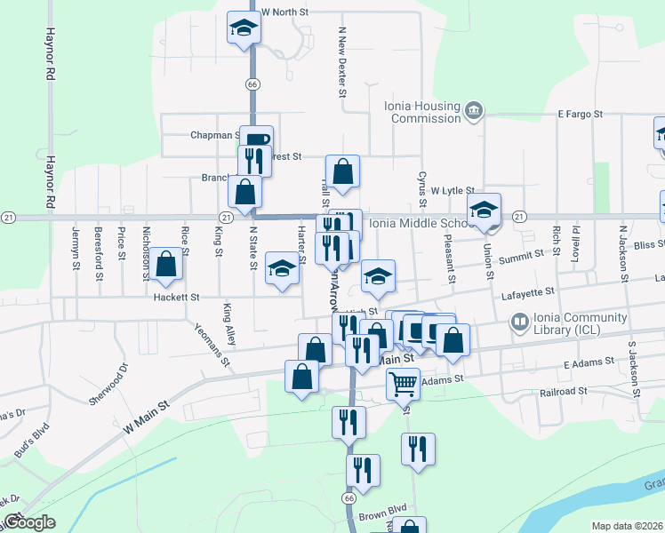 map of restaurants, bars, coffee shops, grocery stores, and more near 423 North Dexter Street in Ionia