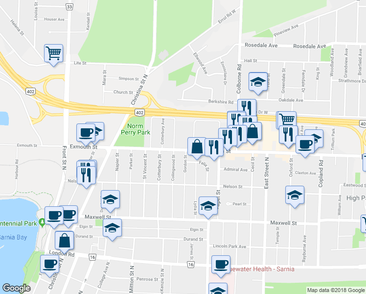map of restaurants, bars, coffee shops, grocery stores, and more near 360 Exmouth Street in Sarnia
