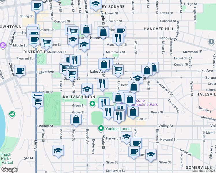 map of restaurants, bars, coffee shops, grocery stores, and more near 397 Cedar Street in Manchester